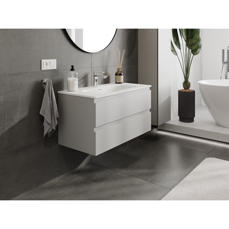 Mexen Orio Badezimmerschrank 90 cm mit Waschbecken Vela, 2 Schubladen, grau matt/weiß matt - 91A10-09047-2-BFF62-W23M01