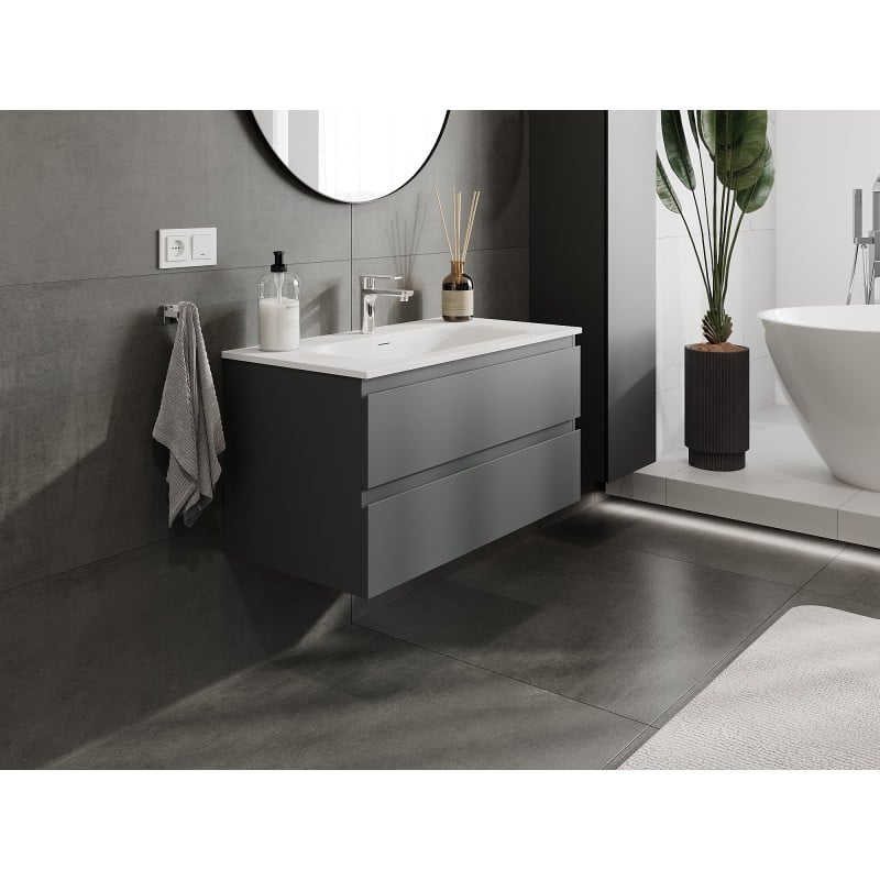 Mexen Orio Badezimmerschrank 90 cm mit Waschbecken Vela, 2 Schubladen, Graphit matt/weiß matt - 91A10-09047-2-BFF66-W23M01