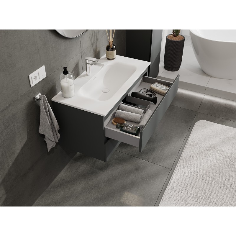 Mexen Orio Badezimmerschrank 90 cm mit Waschbecken Vela, 2 Schubladen, Graphit matt/weiß matt - 91A10-09047-2-BFF66-W23M01