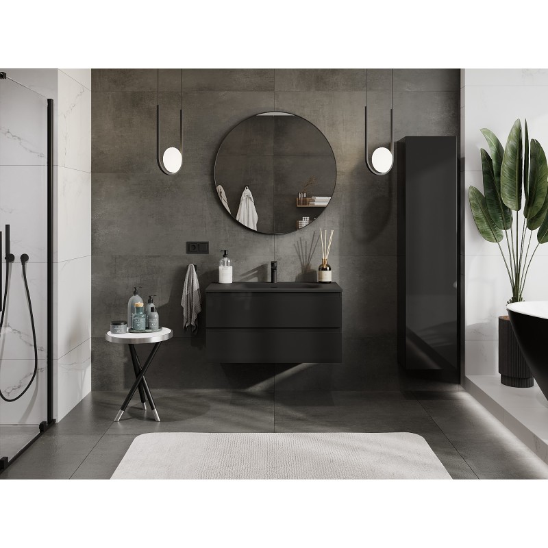 Mexen Orio Badezimmerschrank 90 cm mit Waschbecken Vela, 2 Schubladen, Schwarz Glanz/Schwarz Matt - 91A10-09047-2-BFF70-W23M71