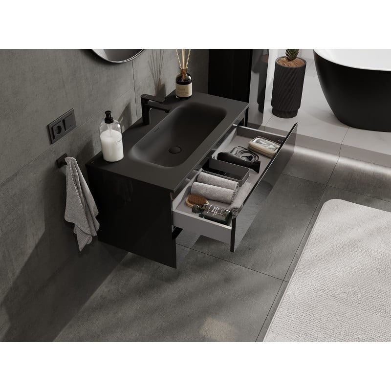 Mexen Orio Badezimmerschrank 90 cm mit Waschbecken Vela, 2 Schubladen, Schwarz Glanz/Schwarz Matt - 91A10-09047-2-BFF70-W23M71