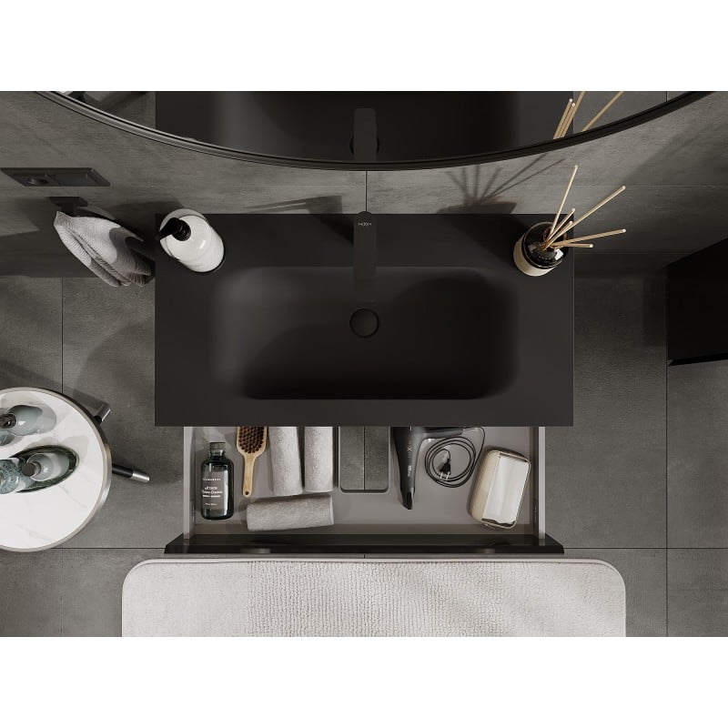 Mexen Orio Badezimmerschrank 90 cm mit Waschbecken Vela, 2 Schubladen, Schwarz Glanz/Schwarz Matt - 91A10-09047-2-BFF70-W23M71