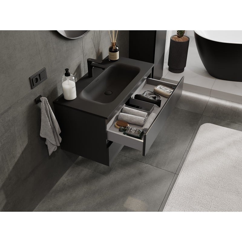 Mexen Orio Badezimmerschrank 90 cm mit Waschbecken Vela, 2 Schubladen, Schwarz Matt - 91A10-09047-2-BFF71-W23M71