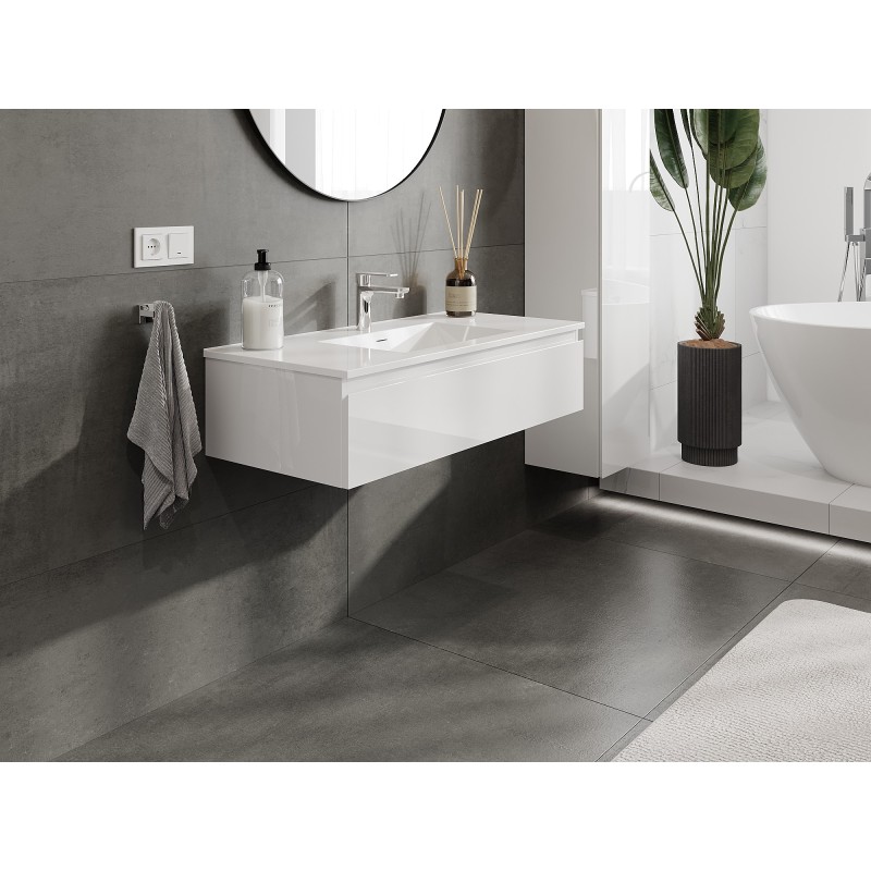 Mexen Orio Badezimmerunterschrank 100 cm mit Waschbecken Otis, 1 Schublade, weiß glänzend - 91A10-10023-1-BF00-W18M00