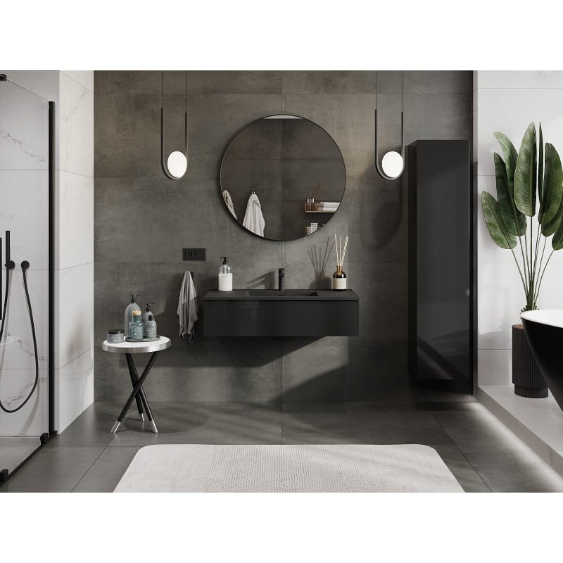 Mexen Orio Badezimmerschrank 100 cm mit Waschbecken Otis, 1 Schublade, Schwarz Glanz/Schwarz Matt - 91A10-10023-1-BF70-W18M71