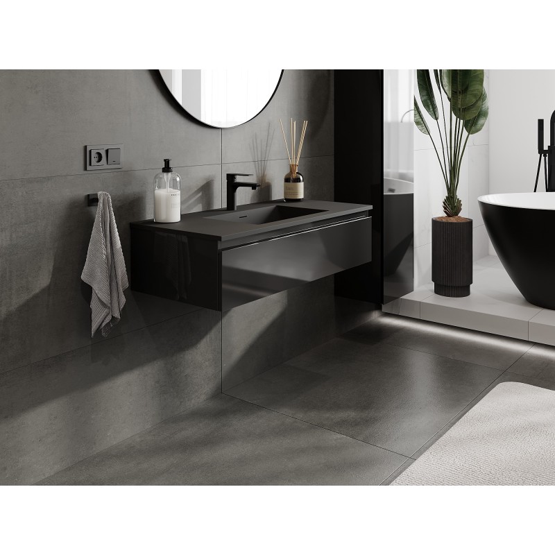 Mexen Orio Badezimmerschrank 100 cm mit Waschbecken Otis, 1 Schublade, Schwarz Glanz/Schwarz Matt - 91A10-10023-1-BF70-W18M71