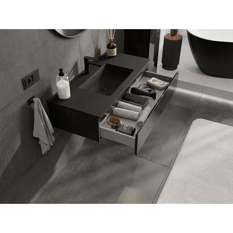Mexen Orio Badezimmerschrank 100 cm mit Waschbecken Otis, 1 Schublade, Schwarz Glanz/Schwarz Matt - 91A10-10023-1-BF70-W18M71