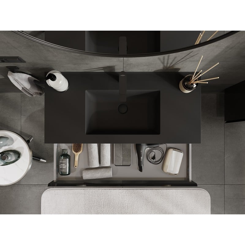 Mexen Orio Badezimmerschrank 100 cm mit Waschbecken Otis, 1 Schublade, Schwarz Glanz/Schwarz Matt - 91A10-10023-1-BF70-W18M71