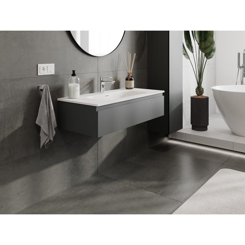 Mexen Orio Badezimmerschrank 100 cm mit Waschbecken Vela, 1 Schublade, Graphit matt/Weiß matt - 91A10-10023-1-BF66-W23M01