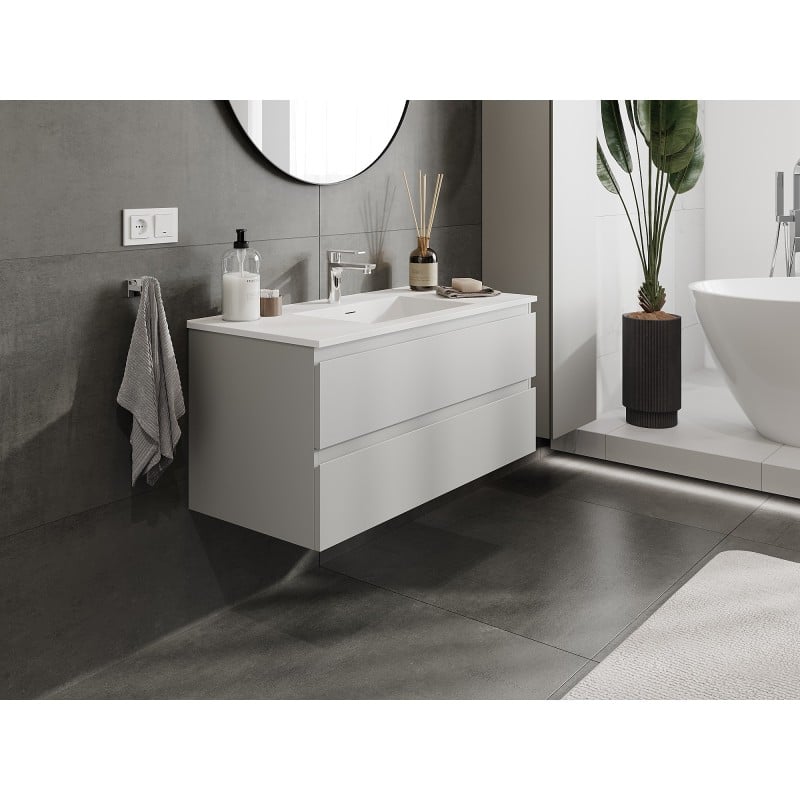 Mexen Orio Badezimmerschrank 100 cm mit Waschbecken Otis, 2 Schubladen, grau matt/weiß matt - 91A10-10047-2-BFF62-W18M01