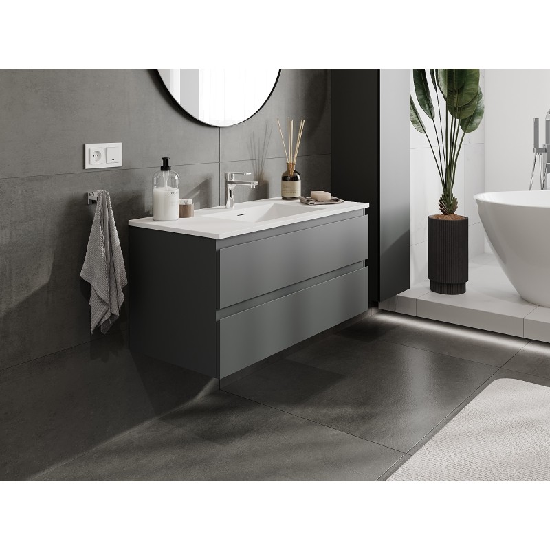 Mexen Orio Badezimmermöbel 100 cm mit Waschbecken Otis, 2 Schubladen, Graphit matt/weiß matt - 91A10-10047-2-BFF66-W18M01