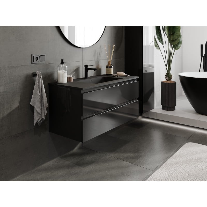 Mexen Orio Badezimmerschrank 100 cm mit Waschbecken Otis, 2 Schubladen, Schwarz Glanz/Schwarz Matt - 91A10-10047-2-BFF70-W18M71