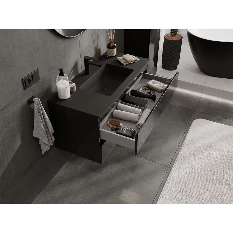 Mexen Orio Badezimmerschrank 100 cm mit Waschbecken Otis, 2 Schubladen, Schwarz Glanz/Schwarz Matt - 91A10-10047-2-BFF70-W18M71