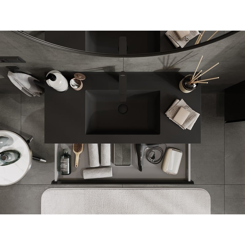 Mexen Orio Badezimmerschrank 100 cm mit Waschbecken Otis, 2 Schubladen, Schwarz Glanz/Schwarz Matt - 91A10-10047-2-BFF70-W18M71