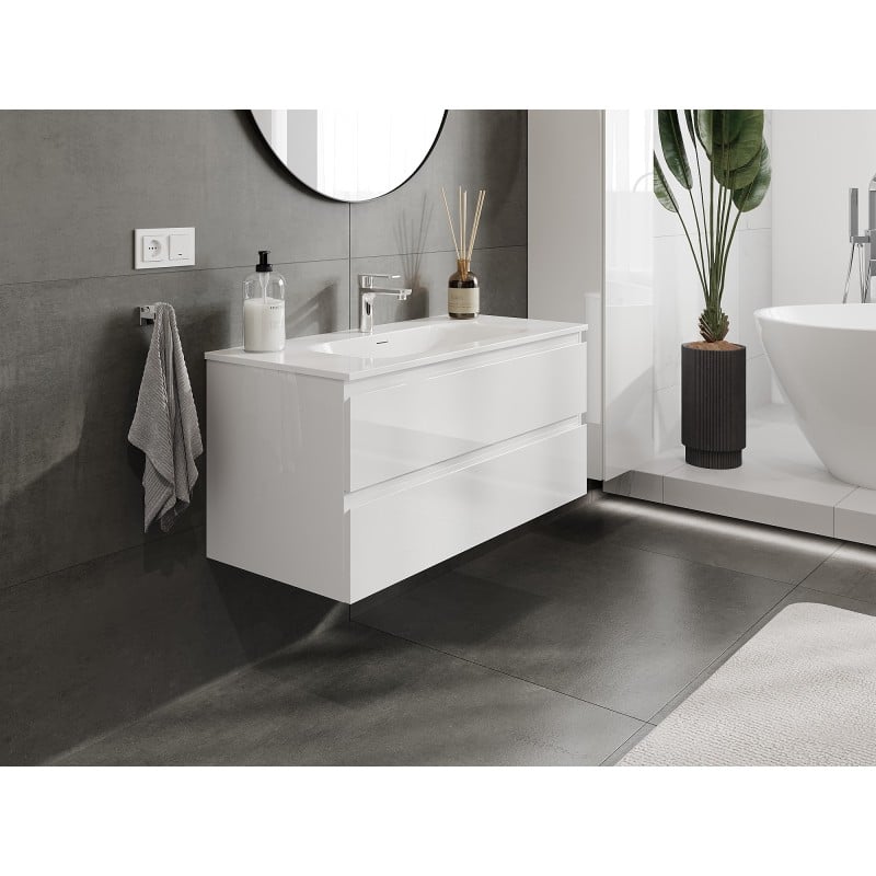 Mexen Orio Badezimmerschrank 100 cm mit Waschbecken Vela, 2 Schubladen, weiß glänzend - 91A10-10047-2-BFF00-W23M00