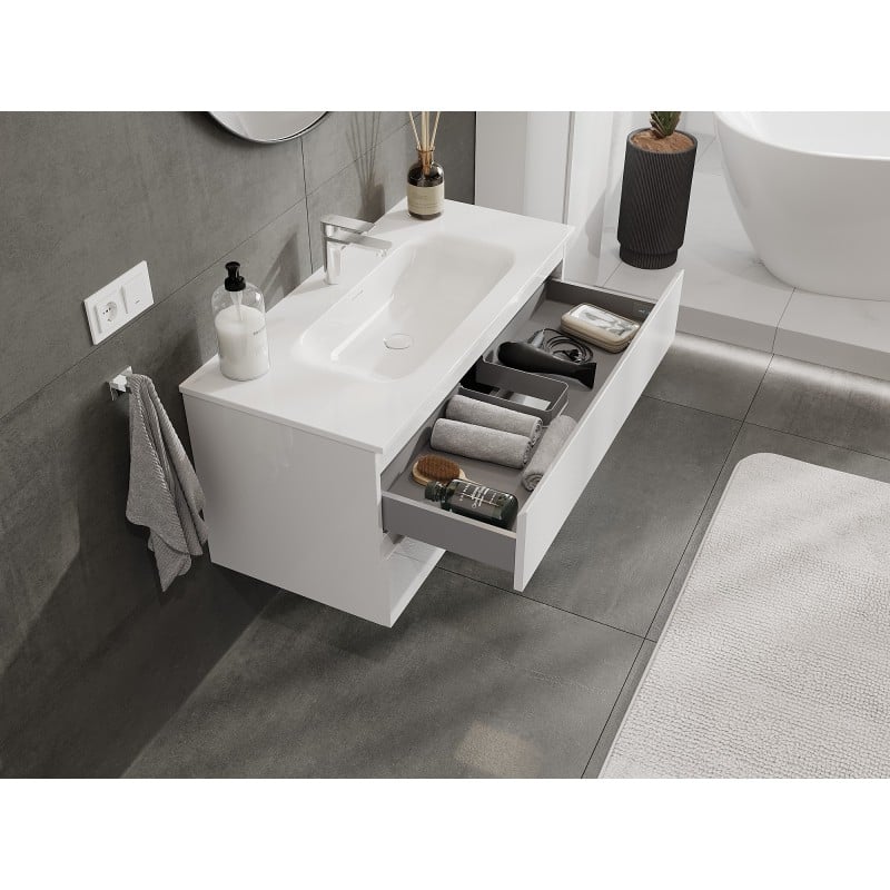 Mexen Orio Badezimmerschrank 100 cm mit Waschbecken Vela, 2 Schubladen, weiß glänzend - 91A10-10047-2-BFF00-W23M00