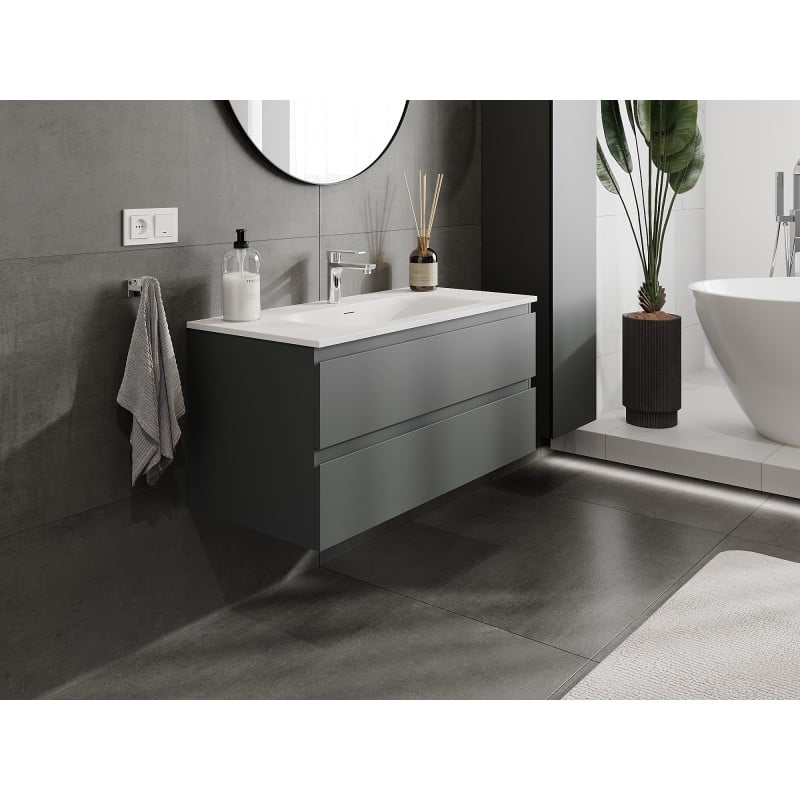 Mexen Orio Badezimmerschrank 100 cm mit Waschbecken Vela, 2 Schubladen, grafit matt/weiß matt - 91A10-10047-2-BFF66-W23M01