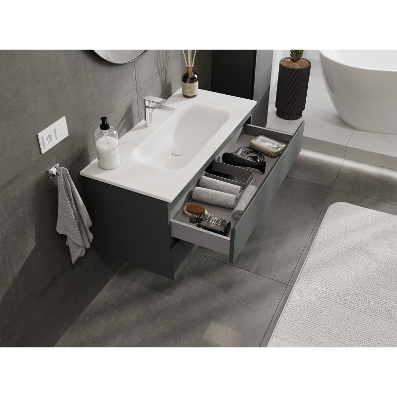 Mexen Orio Badezimmerschrank 100 cm mit Waschbecken Vela, 2 Schubladen, grafit matt/weiß matt - 91A10-10047-2-BFF66-W23M01