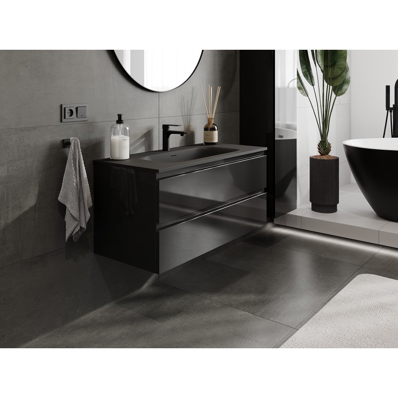 Mexen Orio Badezimmerschrank 100 cm mit Waschbecken Vela, 2 Schubladen, Schwarz Glanz/Schwarz Matt - 91A10-10047-2-BFF70-W23M71