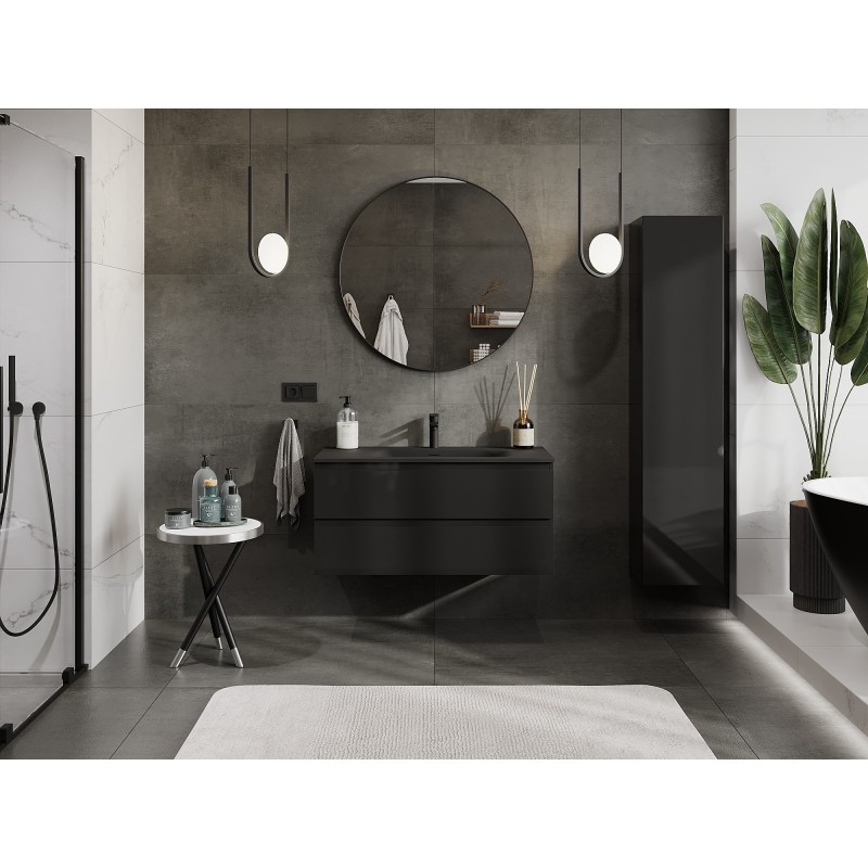Mexen Orio Badezimmerschrank 100 cm mit Waschbecken Vela, 2 Schubladen, Schwarz Glanz/Schwarz Matt - 91A10-10047-2-BFF70-W23M71