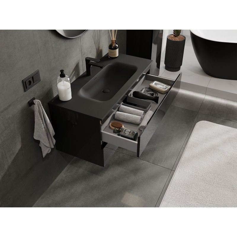 Mexen Orio Badezimmerschrank 100 cm mit Waschbecken Vela, 2 Schubladen, Schwarz Glanz/Schwarz Matt - 91A10-10047-2-BFF70-W23M71