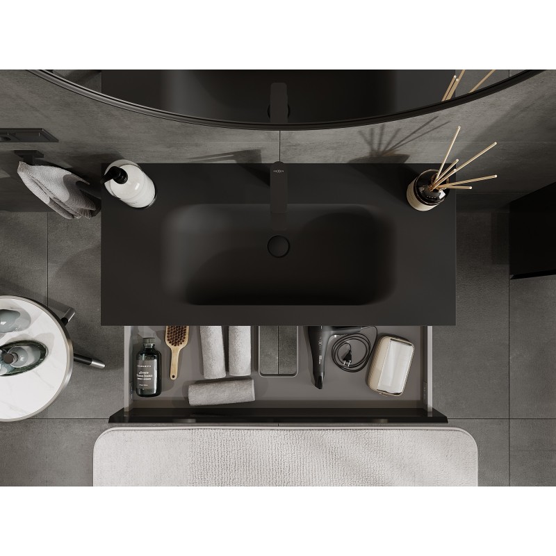 Mexen Orio Badezimmerschrank 100 cm mit Waschbecken Vela, 2 Schubladen, Schwarz Glanz/Schwarz Matt - 91A10-10047-2-BFF70-W23M71
