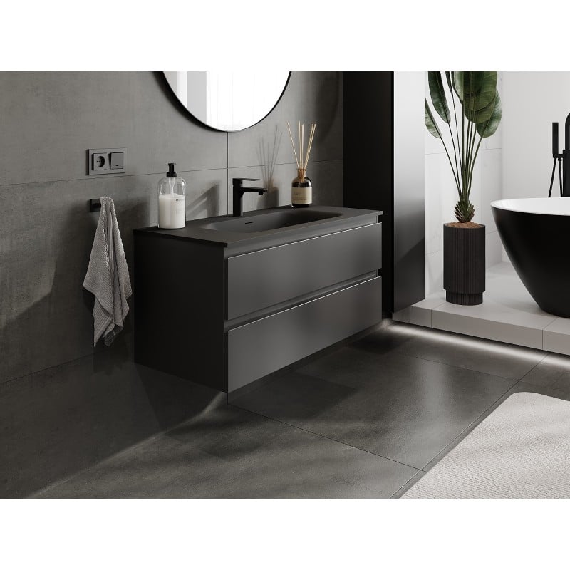 Mexen Orio Badezimmerschrank 100 cm mit Waschbecken Vela, 2 Schubladen, schwarz matt - 91A10-10047-2-BFF71-W23M71