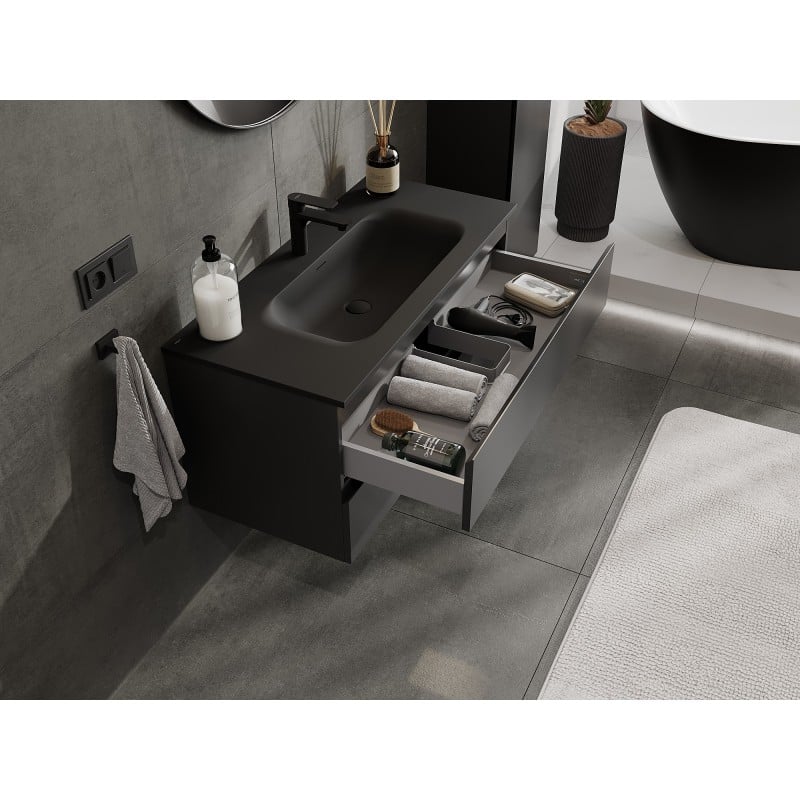 Mexen Orio Badezimmerschrank 100 cm mit Waschbecken Vela, 2 Schubladen, schwarz matt - 91A10-10047-2-BFF71-W23M71