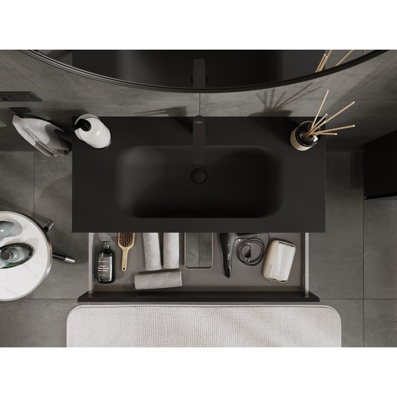 Mexen Orio Badezimmerschrank 100 cm mit Waschbecken Vela, 2 Schubladen, schwarz matt - 91A10-10047-2-BFF71-W23M71