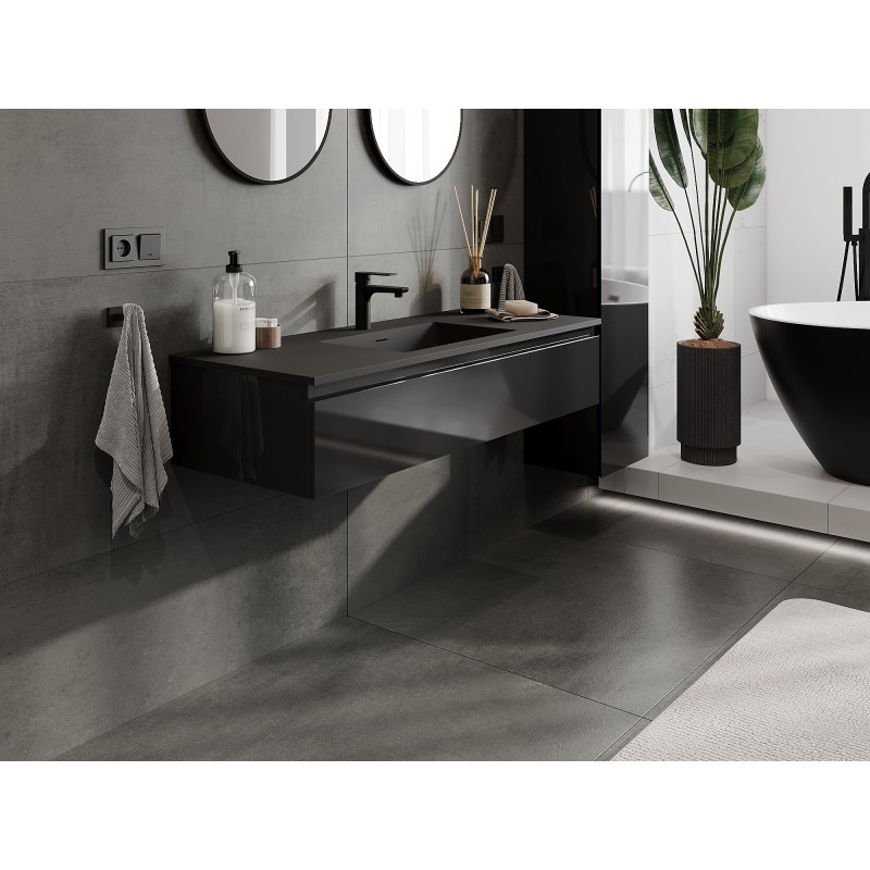 Mexen Orio Badezimmerschrank 120 cm mit Waschbecken Otis, 1 Schublade, Schwarz Glanz/Schwarz Matt - 91A10-12023-1-BF70-W18M71