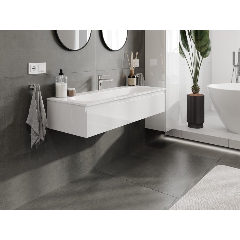 Mexen Orio Badezimmermöbel 120 cm mit Waschbecken Vela, 1 Schublade, Weiß Hochglanz - 91A10-12023-1-BF00-W23M00