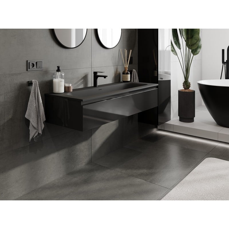 Mexen Orio Badezimmerschrank 120 cm mit Waschbecken Vela, 1 Schublade, schwarz glänzend/schwarz matt