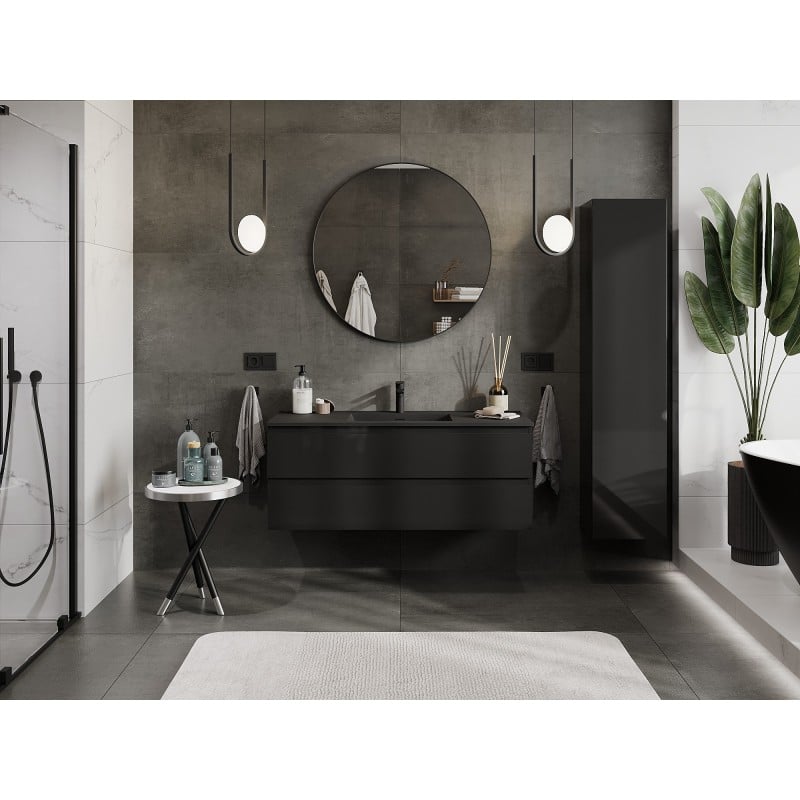 Mexen Orio Badezimmerschrank 120 cm mit Waschbecken Otis, 2 Schubladen, schwarz glänzend/schwarz matt