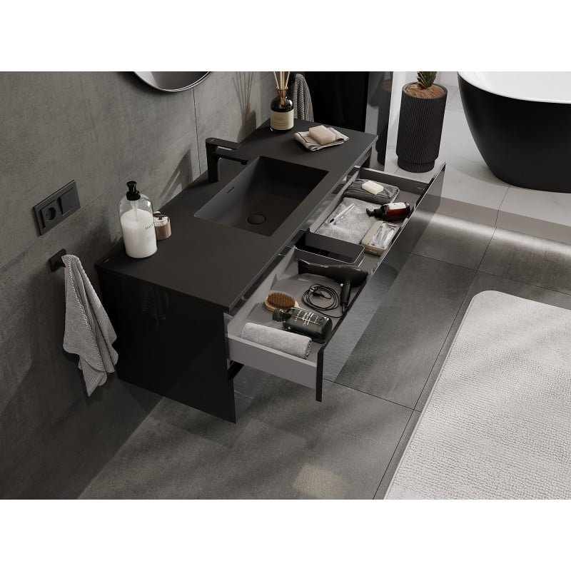 Mexen Orio Badezimmerschrank 120 cm mit Waschbecken Otis, 2 Schubladen, schwarz glänzend/schwarz matt