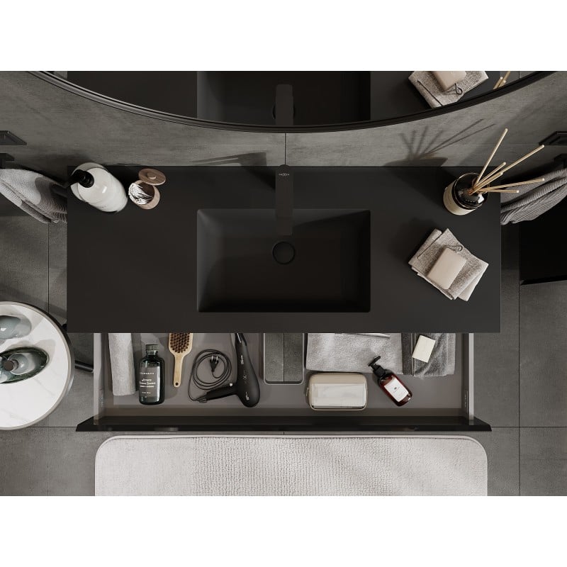 Mexen Orio Badezimmerschrank 120 cm mit Waschbecken Otis, 2 Schubladen, schwarz glänzend/schwarz matt