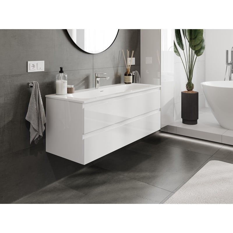 Mexen Orio Badezimmerschrank 120 cm mit Waschbecken Vela, 2 Schubladen, weiß glänzend - 91A10-12047-2-BFF00-W23M00