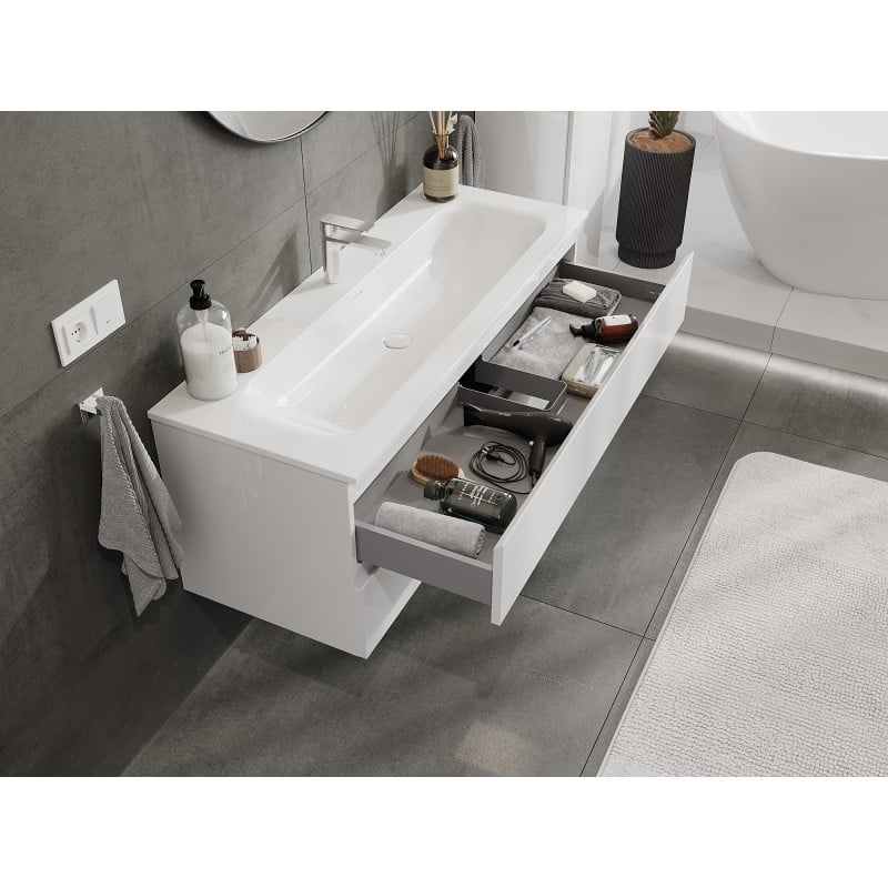 Mexen Orio Badezimmerschrank 120 cm mit Waschbecken Vela, 2 Schubladen, weiß glänzend - 91A10-12047-2-BFF00-W23M00