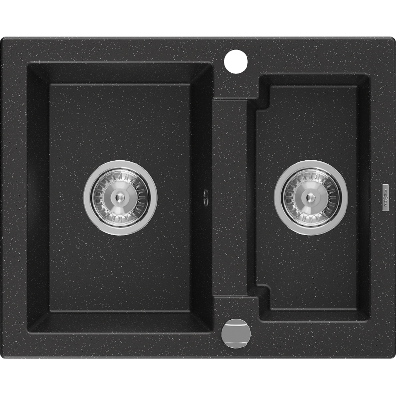 Mexen Carlos 1,5-Kammer Granitspüle 582 x 475 mm, schwarz/silber metallic, Chromsiphon - 6518581500-73