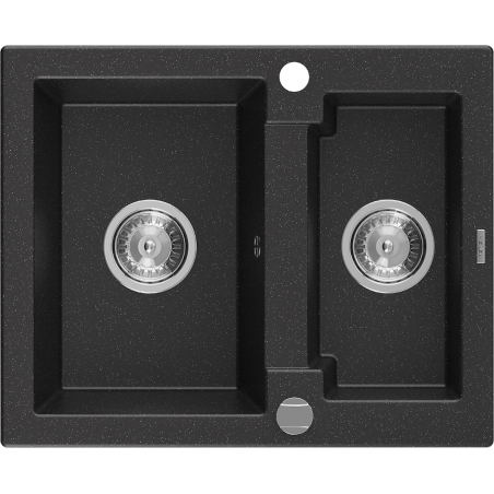 Mexen Carlos 1,5-Kammer Granitspüle 582 x 475 mm, schwarz/silber metallic, Chromsiphon - 6518581500-73