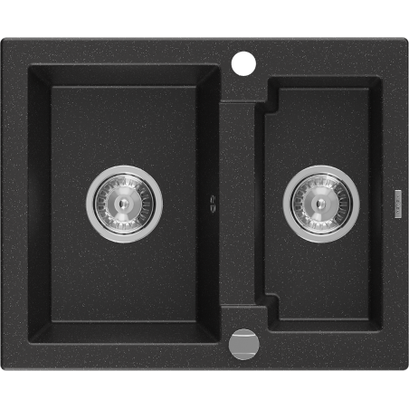 Mexen Carlos Granitspüle 1,5 Becken 582 x 475 mm, schwarz/silber metallic, Chrom-Siphon - 6518581500-73
