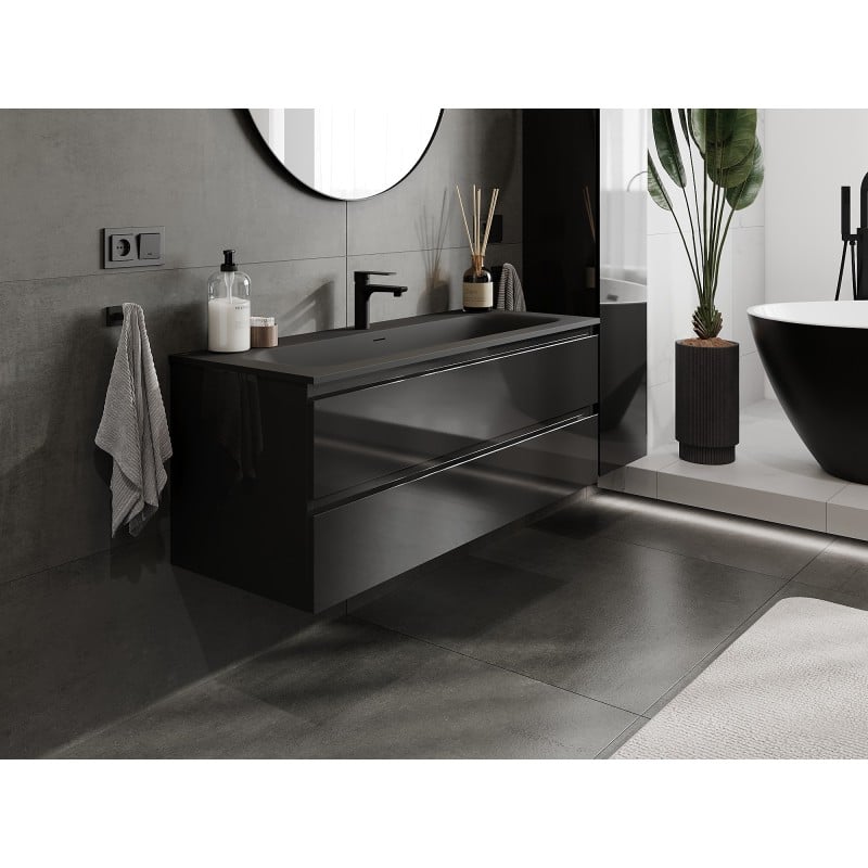 Mexen Orio Badezimmerschrank 120 cm mit Waschbecken Vela, 2 Schubladen, schwarz glänzend/schwarz matt