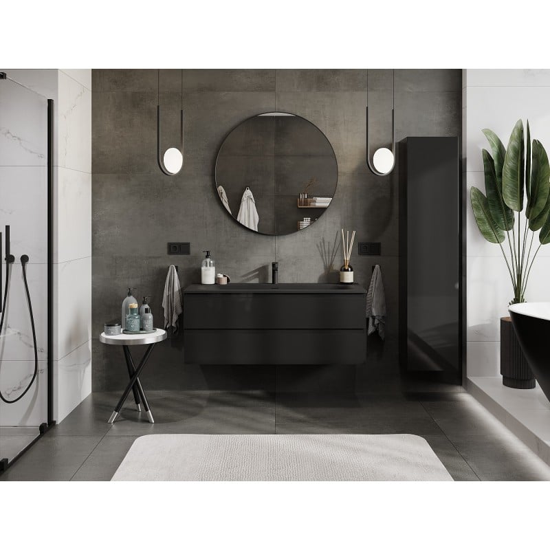 Mexen Orio Badezimmerschrank 120 cm mit Waschbecken Vela, 2 Schubladen, schwarz glänzend/schwarz matt
