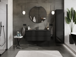 Mexen Orio Badezimmerschrank 120 cm mit Waschbecken Vela, 2 Schubladen, schwarz glänzend/schwarz matt