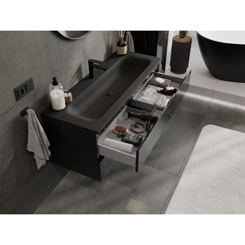Mexen Orio Badezimmerschrank 120 cm mit Waschbecken Vela, 2 Schubladen, schwarz glänzend/schwarz matt