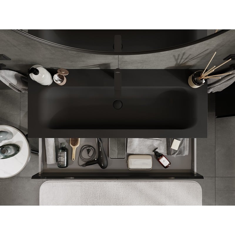 Mexen Orio Badezimmerschrank 120 cm mit Waschbecken Vela, 2 Schubladen, schwarz glänzend/schwarz matt
