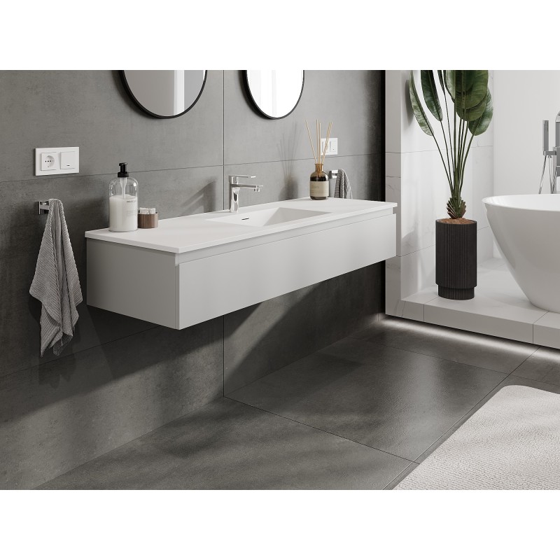 Mexen Orio Badezimmerschrank 140 cm mit Waschbecken Otis, 1 Schublade, grau matt/weiß matt - 91A10-14023-1-BF62-W18M01
