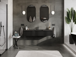 Mexen Orio Badezimmerschrank 140 cm mit Waschbecken Otis, 1 Schublade, schwarz glänzend/schwarz matt