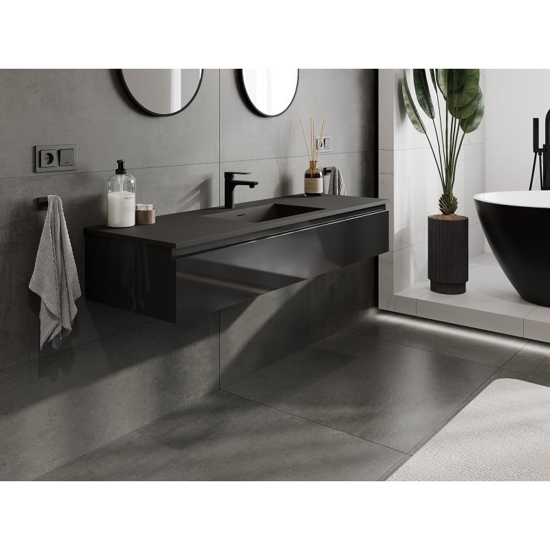 Mexen Orio Badezimmerschrank 140 cm mit Waschbecken Otis, 1 Schublade, schwarz glänzend/schwarz matt