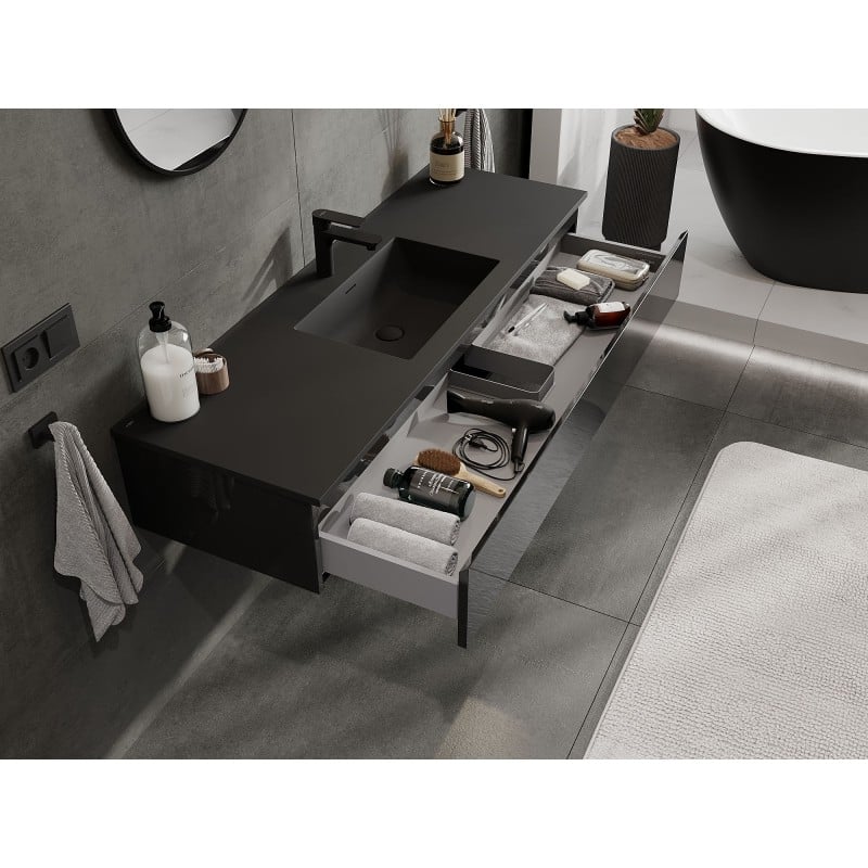 Mexen Orio Badezimmerschrank 140 cm mit Waschbecken Otis, 1 Schublade, schwarz glänzend/schwarz matt
