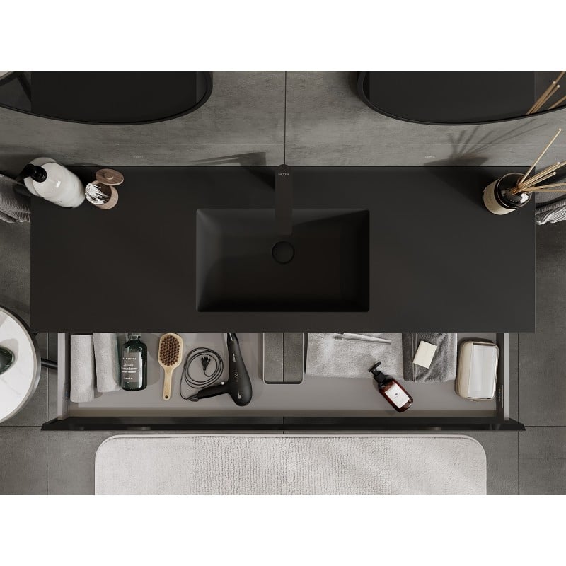 Mexen Orio Badezimmerschrank 140 cm mit Waschbecken Otis, 1 Schublade, schwarz glänzend/schwarz matt